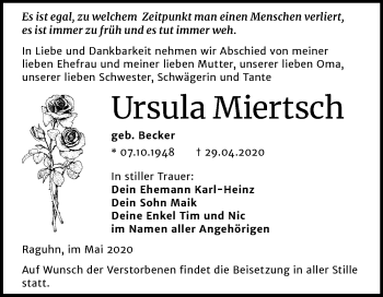 Traueranzeige von Ursula Miertsch von Mitteldeutsche Zeitung Bitterfeld