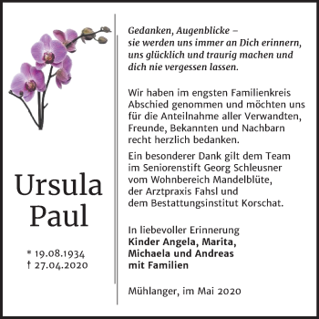 Traueranzeige von Ursula Paul von Super Sonntag Wittenberg
