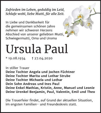 Traueranzeige von Ursula Paul von Mitteldeutsche Zeitung Wittenberg