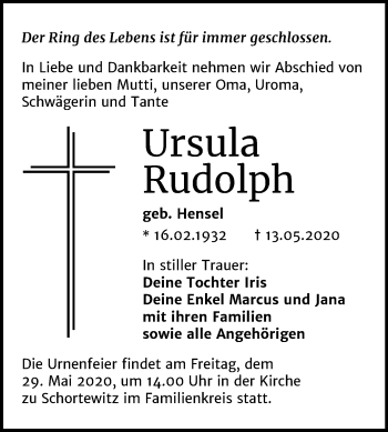 Traueranzeige von Ursula Rudolph von Mitteldeutsche Zeitung Köthen