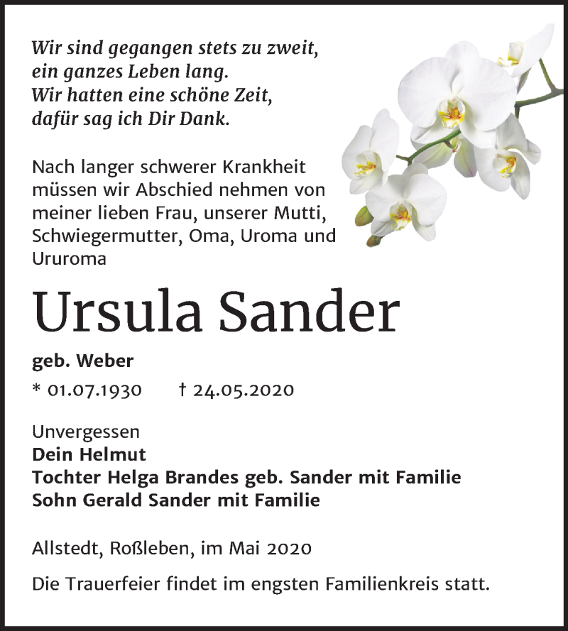  Traueranzeige für Ursula Sander vom 30.05.2020 aus Super Sonntag Sangerhausen