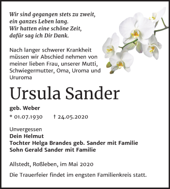 Traueranzeige von Ursula Sander von Super Sonntag Sangerhausen