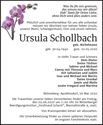 Traueranzeige von Ursula Schollbach von Super Sonntag Wittenberg