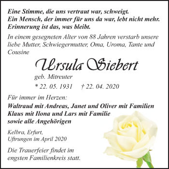 Traueranzeige von Ursula Siebert von Mitteldeutsche Zeitung Sangerhausen