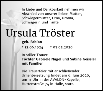 Traueranzeige von Ursula Tröster von Mitteldeutsche Zeitung Halle/Saalkreis