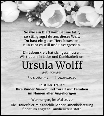 Traueranzeige von Ursula Wolff von Super Sonntag Naumburg/Nebra