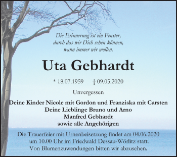 Traueranzeige von Uta Gebhardt von Mitteldeutsche Zeitung Bitterfeld