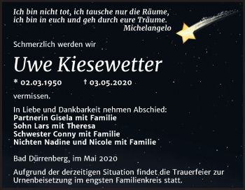 Traueranzeige von Uwe Kiesewetter von Mitteldeutsche Zeitung Merseburg/Querfurt