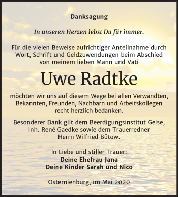 Traueranzeige von Uwe Radtke von Mitteldeutsche Zeitung Köthen