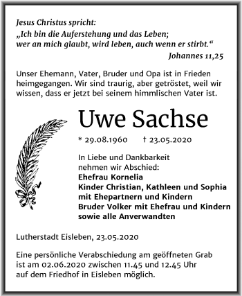 Traueranzeige von Uwe Sachse von Mitteldeutsche Zeitung Mansfelder Land
