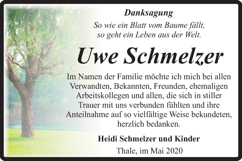  Traueranzeige für Uwe Schmelzer vom 16.05.2020 aus Mitteldeutsche Zeitung Quedlinburg
