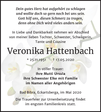 Traueranzeige von Veronika Hattenbach von Mitteldeutsche Zeitung Naumburg/Nebra