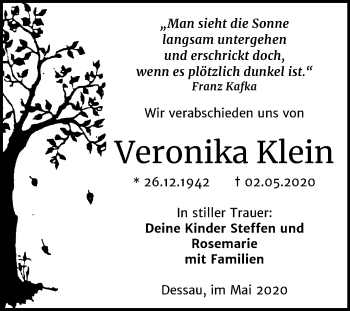 Traueranzeige von Veronika Klein von Mitteldeutsche Zeitung Dessau-Roßlau