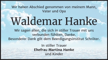 Traueranzeige von Waldemar Hanke von Mitteldeutsche Zeitung Wittenberg