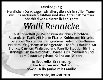 Traueranzeige von Walli Rennicke von Super Sonntag Mansfelder Land / Quedlinburg