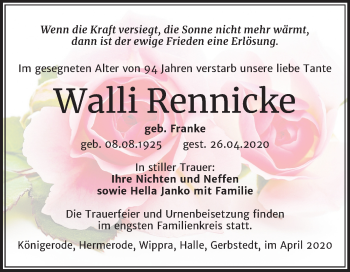 Traueranzeige von Walli Rennicke von Mitteldeutsche Zeitung Quedlinburg