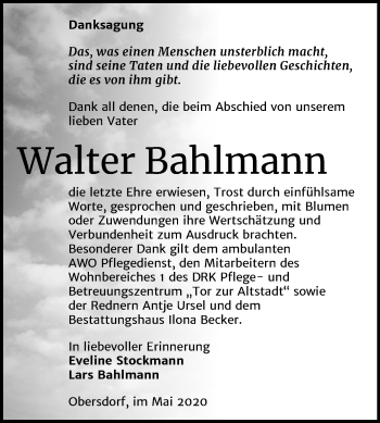 Traueranzeige von Walter Bahlmann von Mitteldeutsche Zeitung Sangerhausen