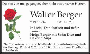 Traueranzeige von Walter Berger von Mitteldeutsche Zeitung Halle/Saalkreis