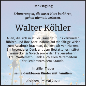 Traueranzeige von Walter Köhler von Mitteldeutsche Zeitung Bernburg