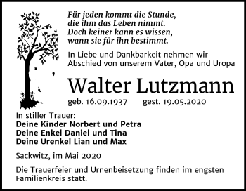 Traueranzeige von Walter Lutzmann von Mitteldeutsche Zeitung Wittenberg