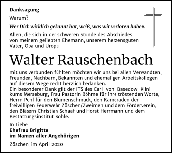 Traueranzeige von Walter Rauschenbach von Mitteldeutsche Zeitung Merseburg/Querfurt