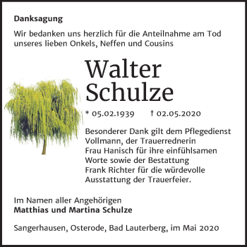 Traueranzeige von Walter Schulze von Mitteldeutsche Zeitung Sangerhausen