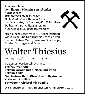 Traueranzeige von Walter Thiesius von Mitteldeutsche Zeitung Sangerhausen