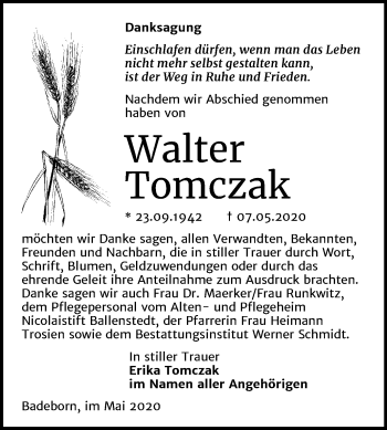 Traueranzeige von Walter Tomczak von Mitteldeutsche Zeitung Quedlinburg
