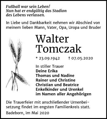 Traueranzeige von Walter Tomczak von Mitteldeutsche Zeitung Quedlinburg