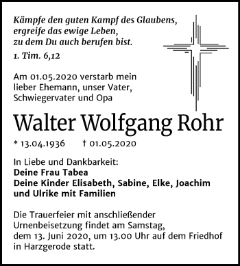 Traueranzeige von Walter Wolfgang Rohr von Mitteldeutsche Zeitung Quedlinburg