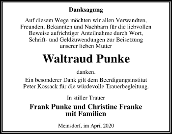 Traueranzeige von Waltraud Punke von Super Sonntag Dessau-Roßlau