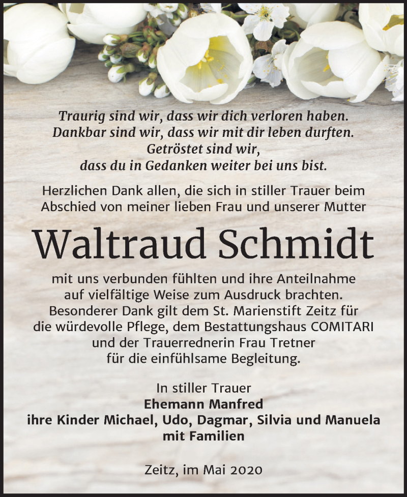  Traueranzeige für Waltraud Schmidt vom 23.05.2020 aus Mitteldeutsche Zeitung Zeitz