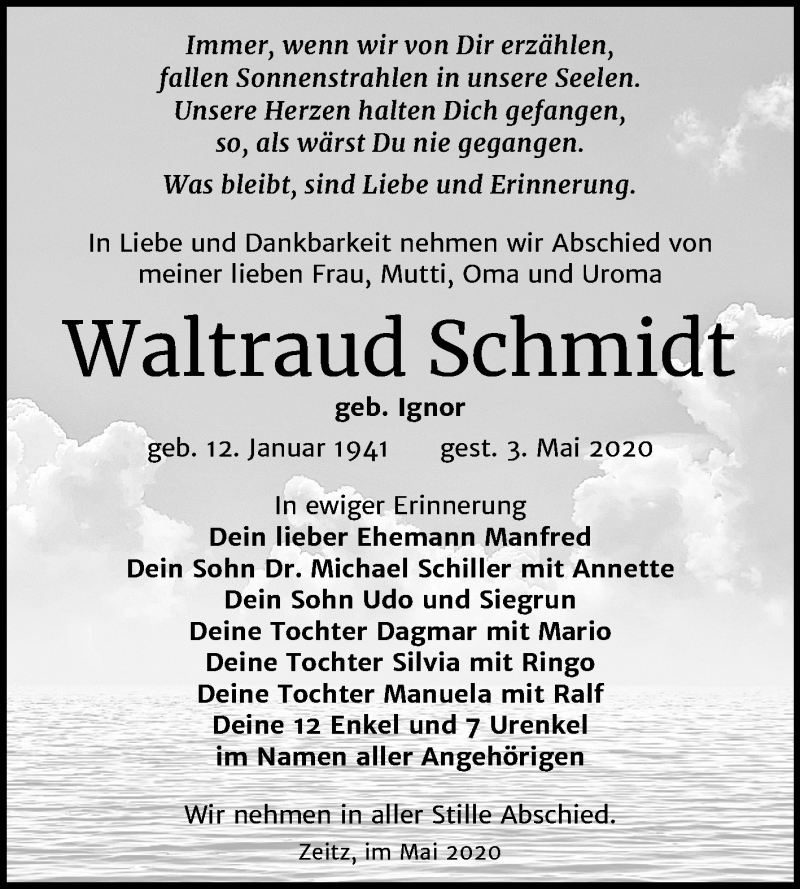  Traueranzeige für Waltraud Schmidt vom 09.05.2020 aus Mitteldeutsche Zeitung Zeitz