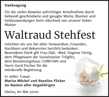 Traueranzeige von Waltraud Stehfest von Mitteldeutsche Zeitung Zeitz