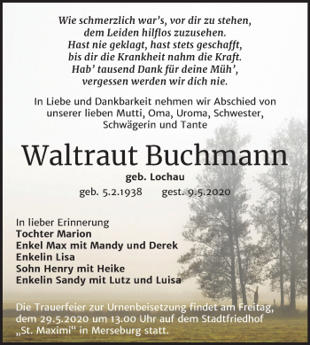 Traueranzeige von Waltraut Buchmann von Mitteldeutsche Zeitung Merseburg/Querfurt