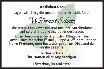 Traueranzeige von Waltraut Schatz von Mitteldeutsche Zeitung Merseburg/Querfurt