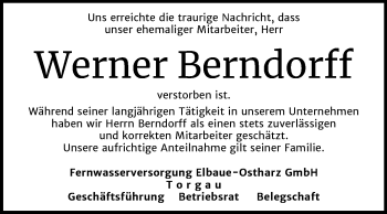 Traueranzeige von Werner Berndorff von Mitteldeutsche Zeitung Wittenberg