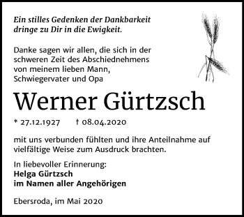 Traueranzeige von Werner Gürtzsch von Mitteldeutsche Zeitung Naumburg/Nebra