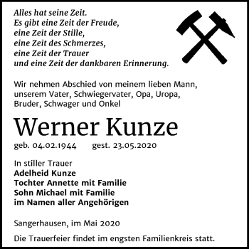 Traueranzeige von Werner Kunze von Super Sonntag Sangerhausen