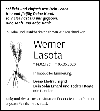 Traueranzeige von Werner Lasota von Mitteldeutsche Zeitung Merseburg/Querfurt