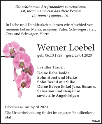 Traueranzeige von Werner Loebel von Mitteldeutsche Zeitung Weißenfels