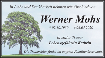 Traueranzeige von Werner Mohs von Mitteldeutsche Zeitung Dessau-Roßlau