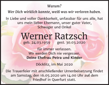 Traueranzeige von Werner Ratzsch von Super Sonntag Merseburg/Querfurt