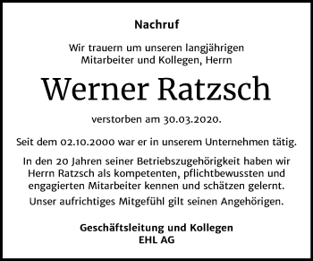 Traueranzeige von Werner Ratzsch von Mitteldeutsche Zeitung Merseburg/Querfurt