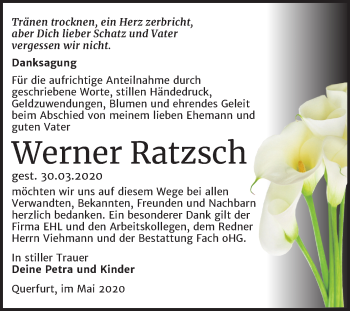 Traueranzeige von Werner Ratzsch von Super Sonntag Merseburg/Querfurt