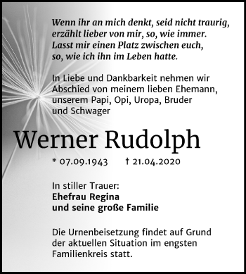 Traueranzeige von Werner Rudolph von Mitteldeutsche Zeitung Merseburg/Querfurt