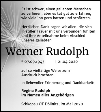 Traueranzeige von Werner Rudolph von Super Sonntag Merseburg/Querfurt