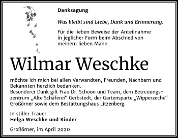 Traueranzeige von Wilmar Weschke von Mitteldeutsche Zeitung Mansfelder Land