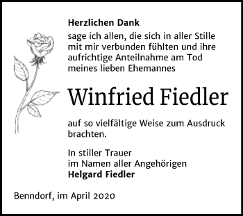 Traueranzeige von Winfried Fiedler von Super Sonntag Mansfelder Land