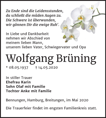 Traueranzeige von Wolfgang Brüning von Mitteldeutsche Zeitung Sangerhausen